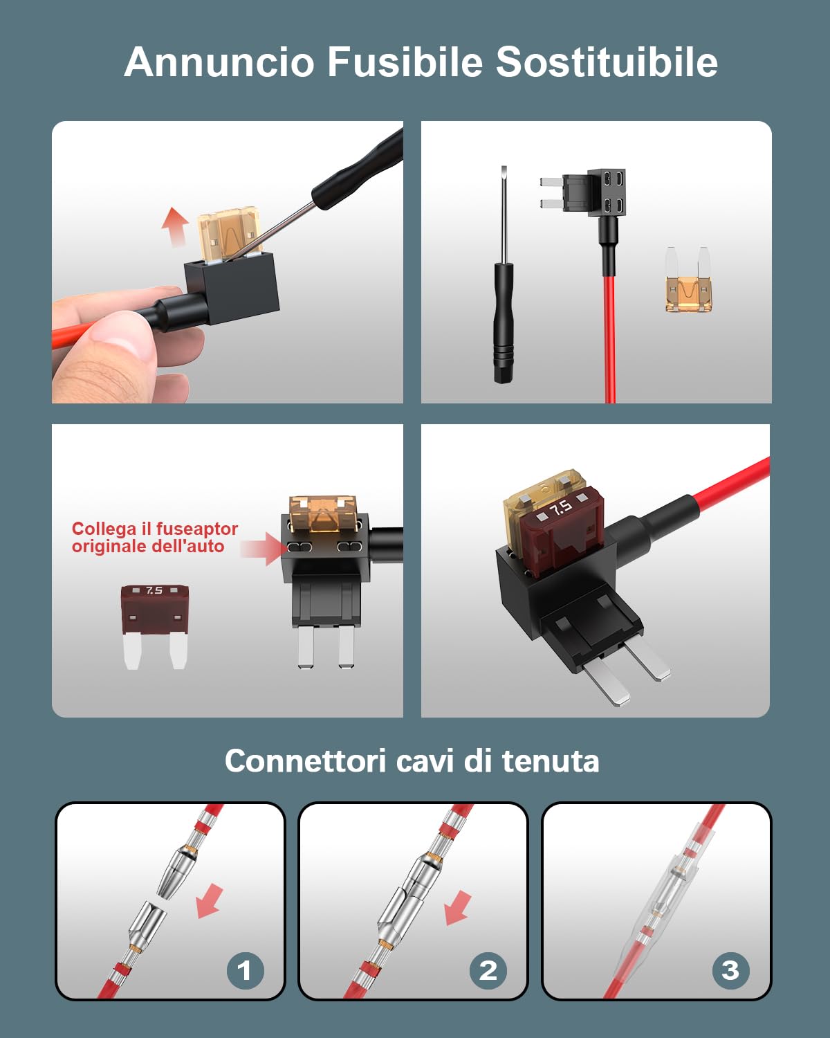 Kit Cablaggio USB-C, Dash Cam Hardwire Kit con 4 Tipi/8 Fusibili Adattatori, Cavo Tap e Strumento di Installazione 4m/13.12ft 12V/24V a 5V/2.5A Auto Cavo di Ricarica Kit