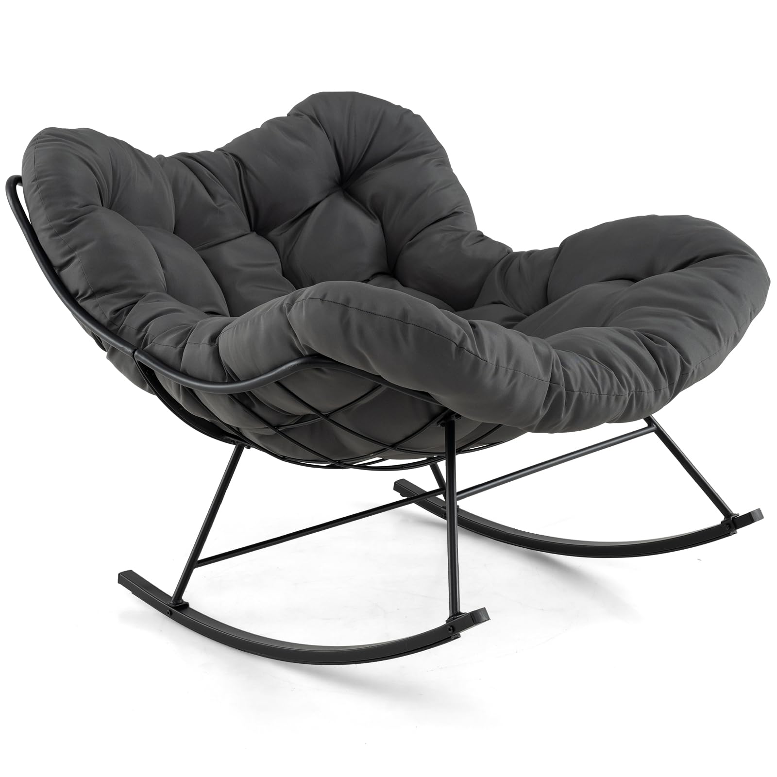 COSTWAY Silla Mecedora con Cojín Acolchado, 110x95x94 cm, Mecedora Salon Extra Grande, Carga 205 kg, Sillon Balancin con Marco de Metal, Pies Antideslizantes, Antivulco, Interior y Exterior, (Gris)