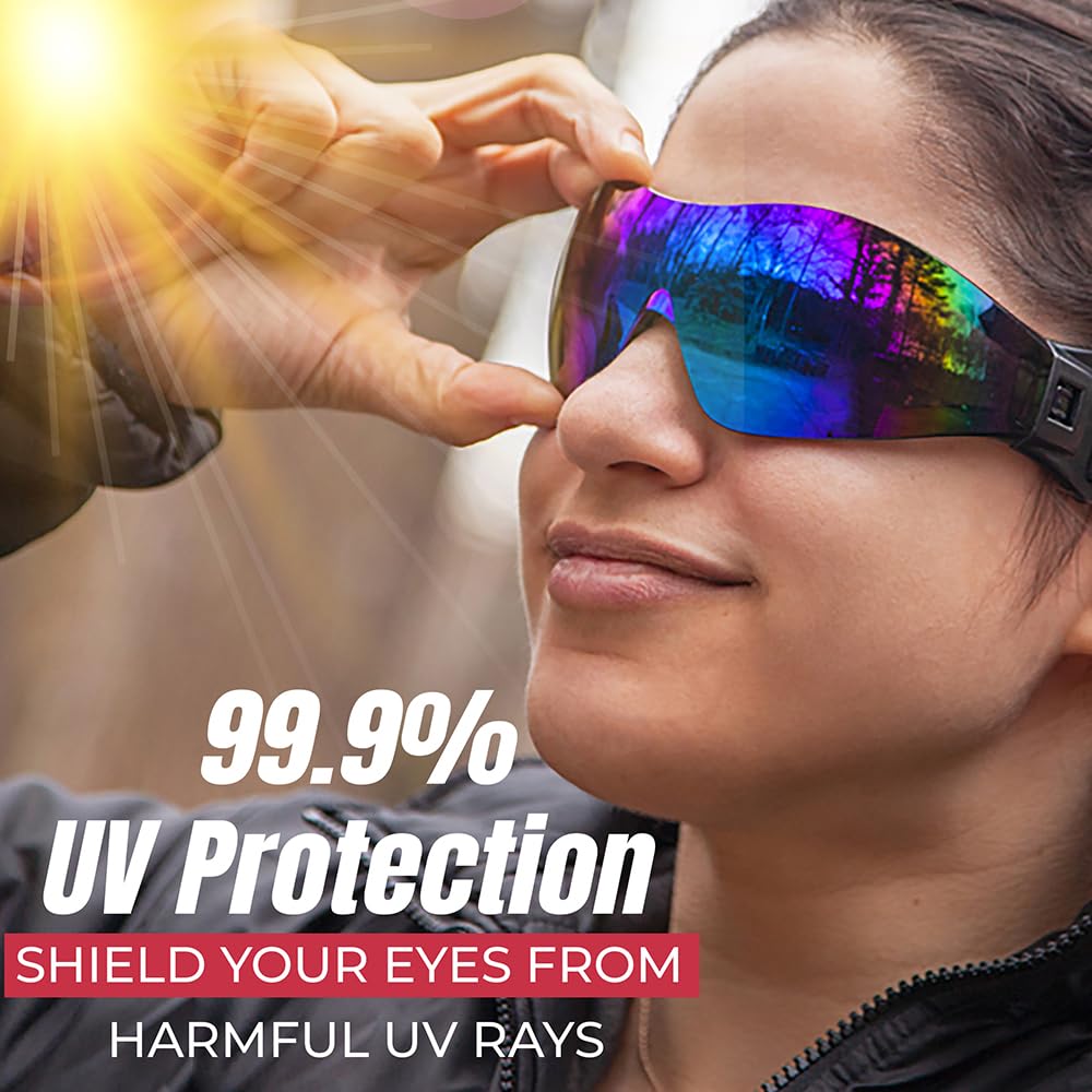 BISON LIFE Mirage - Gafas de seguridad antivaho con banda elástica ajustable y bolsa protectora, gafas de protección UV para actividades al aire libre, espejo azul, gafas ventiladas a prueba de polvo