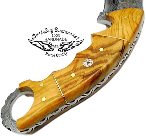 Miniatura 2 de Cuchillo de caza de madera de olivo 9.5 '' Cuchillo hecho a mano de hoja fija de acero de Damasco Karambit Cuchillo de caza para uso Pesca Caza