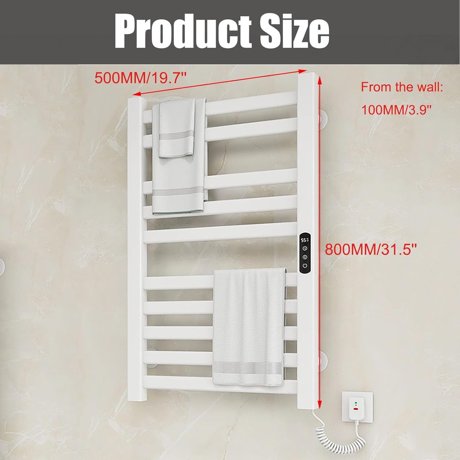 Electric Heated Towel Racks, Large Towel Warmer Wall Mounted with Built-in Timer, Towel Drying Rack with LCD Display Temperature Adjustment 86-158°F / 30-70°C, Plug in,A White,Left