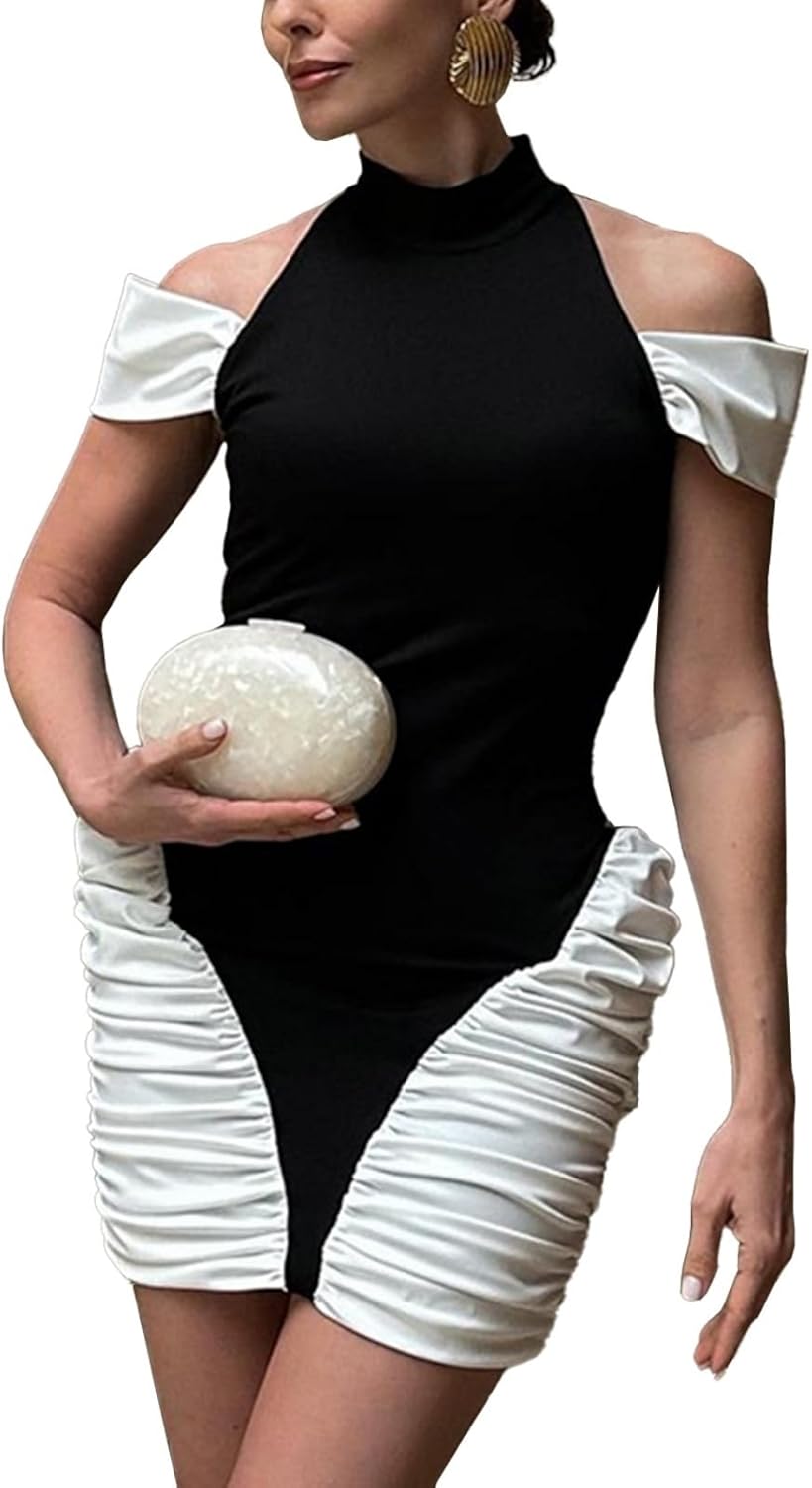 Hafailia Womens Elegant Off The Shoulder Mini Dresses Ruched Bodycon Draped Dress Sexy Club Evening Party Cocktail Outfits