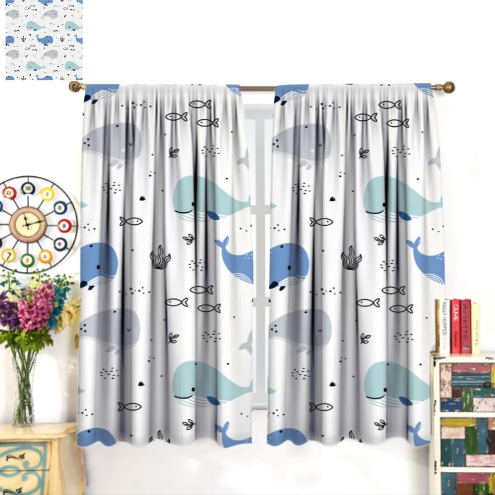 YCness Cartoon Whale Curtains Cute Ocean Animal Blue Gray Abstract Fish Art Printed Blackout Window Drapes for Boys Girls Bedroom Nursery Decor Fabric Set 2 Panel 42x54 Inch 80% Shading Rate