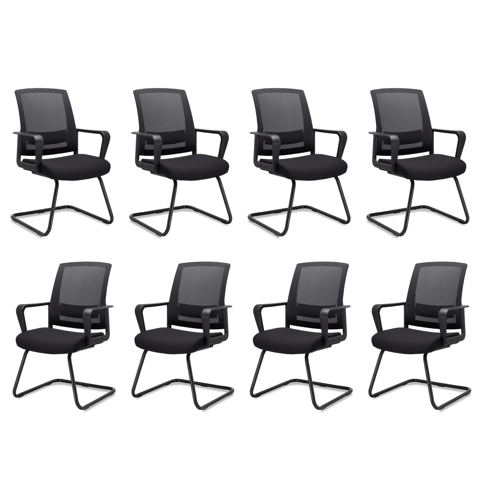 CLATINA Home Office Desk Chair No Wheels Set of 8, Ergonomic Executive Mid Back Mesh Space Air Mesh Computer Chairs with Comfy Arms and Lumbar Support for Home Waiting Reception Guest, Black