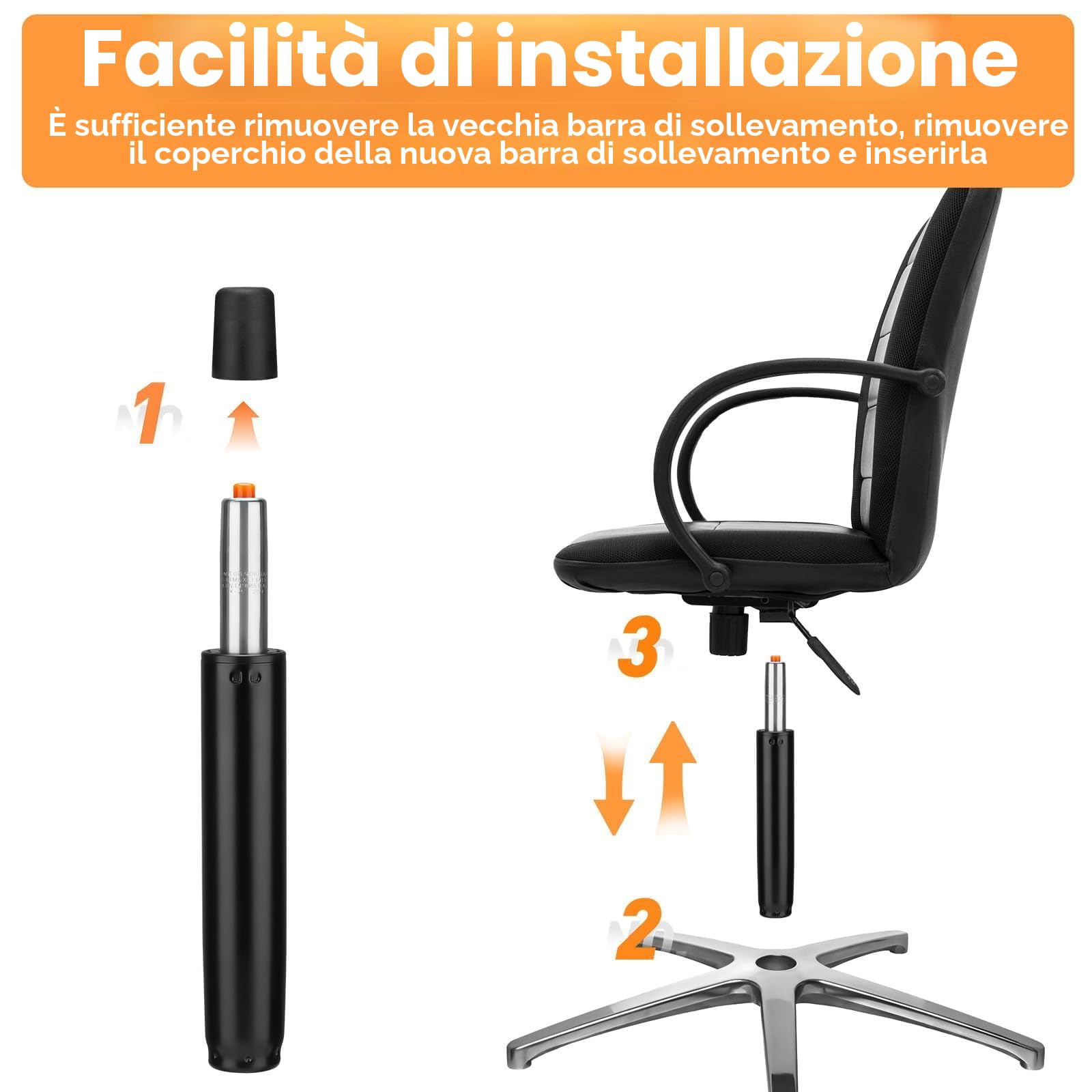 Pistone Sedia Ufficio, Class 4 a Gas di Ricambio 1000 LBS(450kg), Lunghezza 300mm-450mm, di Sollevamento Regolabile per Sedie Girevoli Gaming Ufficio, Nero