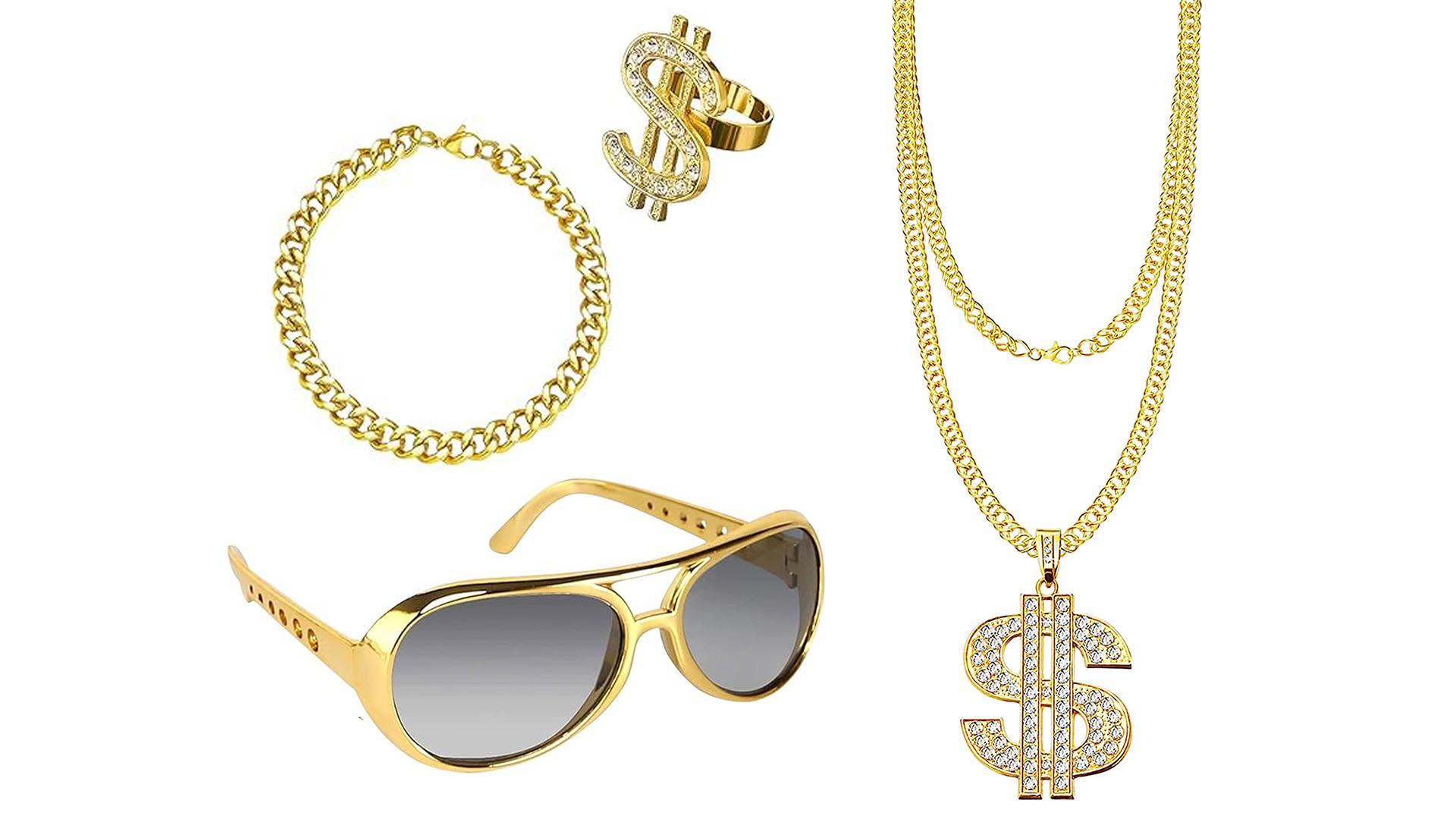 2er Set Gold Dollar Zeichen Halskette & Ring – Hip Hop Rapper Zubehör – Vintage 70s,80s,90s Für Karneval & Partys!