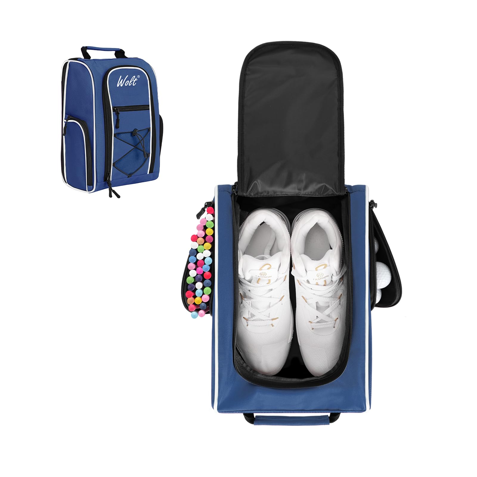 Wolt |Golf Shoe Bag for Travel- Zippered Shoes Carrier Bags with Ventilation &amp; Double Outside Accessory Pocket for Socks, Tees, Golf Balls, Etc. for Women and Men (DarkBlue)
