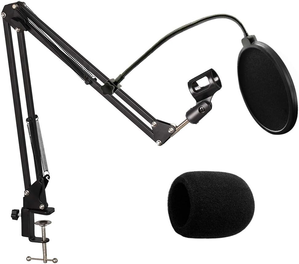Lulu Home Heavy Duty Microphone Stand, Upgraded Adjustable Suspension Boom Scissor Arm Stand with Microphone Windscreen and Dual Layered Microphone Pop Filter, Professional Mic Stand for Blue Yeti