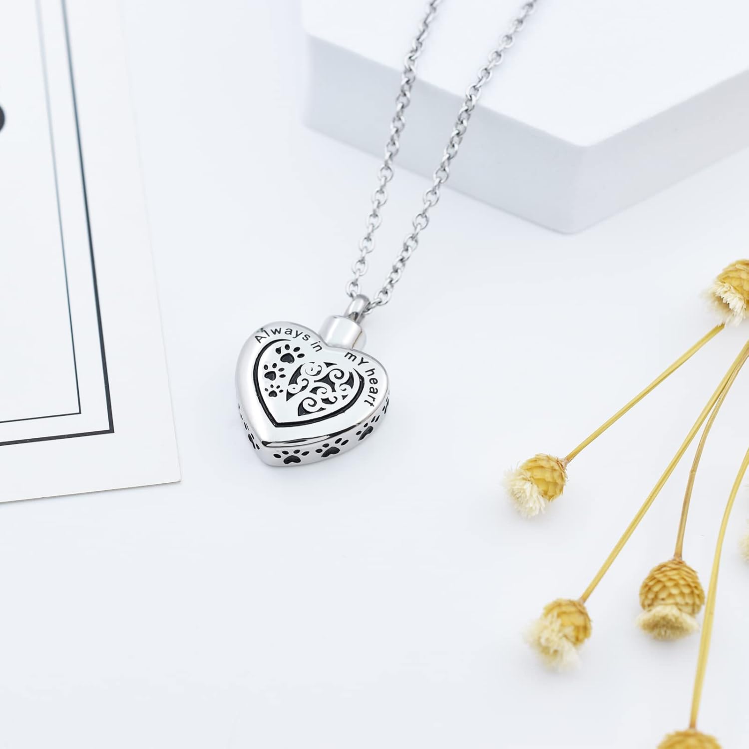 Heart Pet Urn Necklace for Ashes Dog Cat Paw Print Memorial Keepsake Jewelry Always In My Heart Engraved Pet Ashes Casket Tree of Life Pet Cremation Urn Pendant Necklace - Image 2