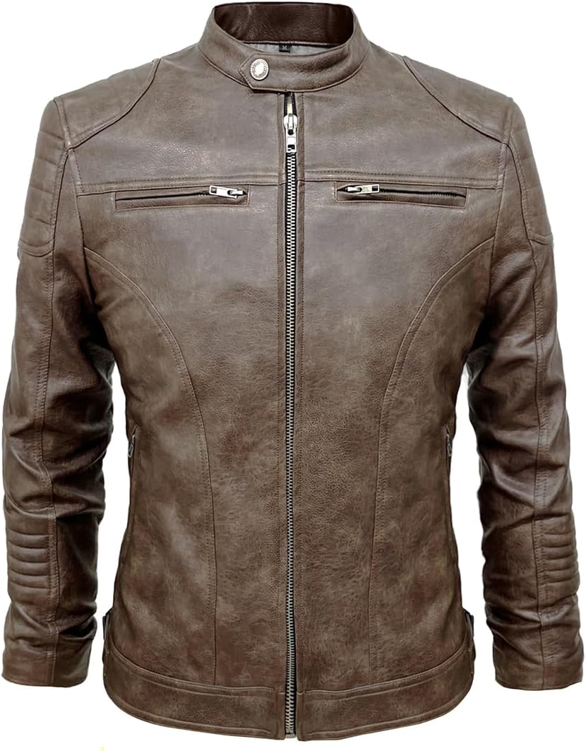 TZMAPU men's motorcycle PU leather jacket Punk style standing collar short jacket