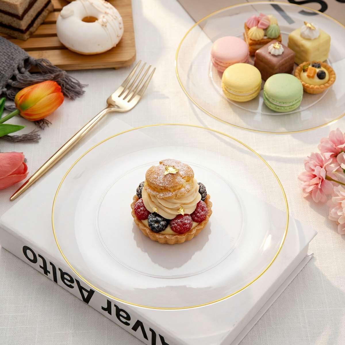 Rubtlamp 200Pcs Clear Gold Dessert Plates With Plastic Gold Forks, 100pcs 7.5inch Plates For Appetizers,100pcs 7.8inch Premium Forks Disposable, Cake Platos Disposable for Wedding - Image 8