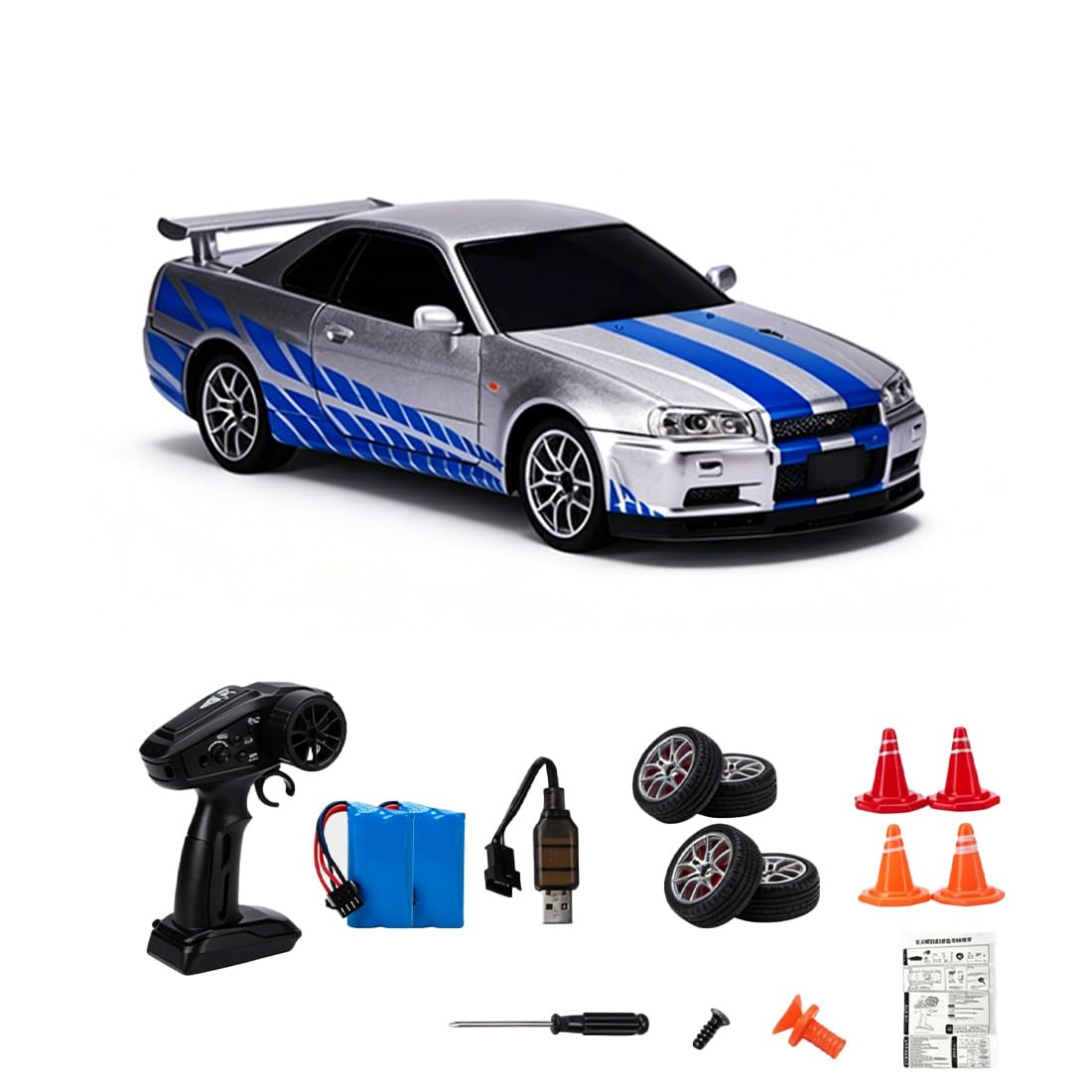 LooWindoer 1:24 Scale 4WD Drift RC Car, Die-Cast Alloy 2.4GHz Remote Control Street Racing Car, High Speed Drift Vehicle with LED Lights, Openable Doors & Hood