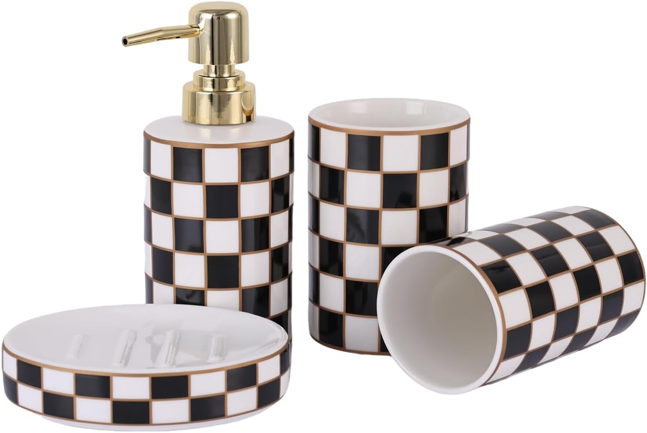 Ceramic Checkered Bathroom Accessory Set - 4-Piece Kit with Soap Dispenser, Toothbrush Holder, Toothbrush Cup, Soap Dish, Black & White Grid Modern Bathroom Decor for& Contemporary Style (Black)