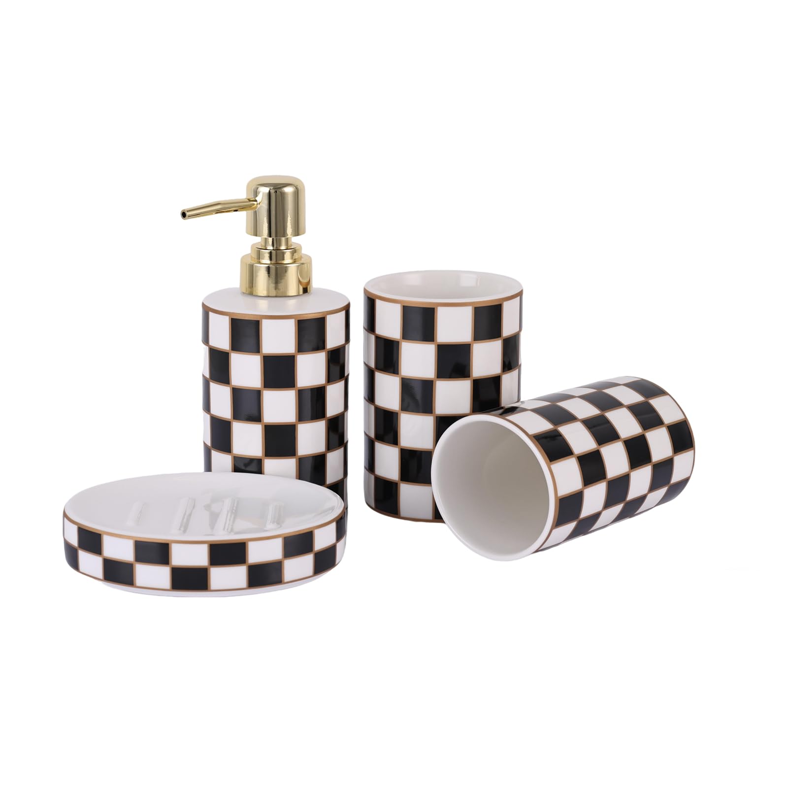 Badezimmer-Zubehör-Set aus Keramik, kariert, 4-teiliges Set mit Seifenspender, Zahnbürstenhalter, Zahnputzbecher, Seifenschale, schwarz-weißes Gitter, moderne Badezimmer-Dekoration für und