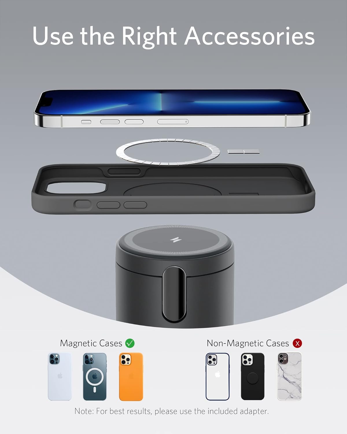 Anker 623 MagGo charger showing magnetic cases are compatible, non-magnetic cases are not