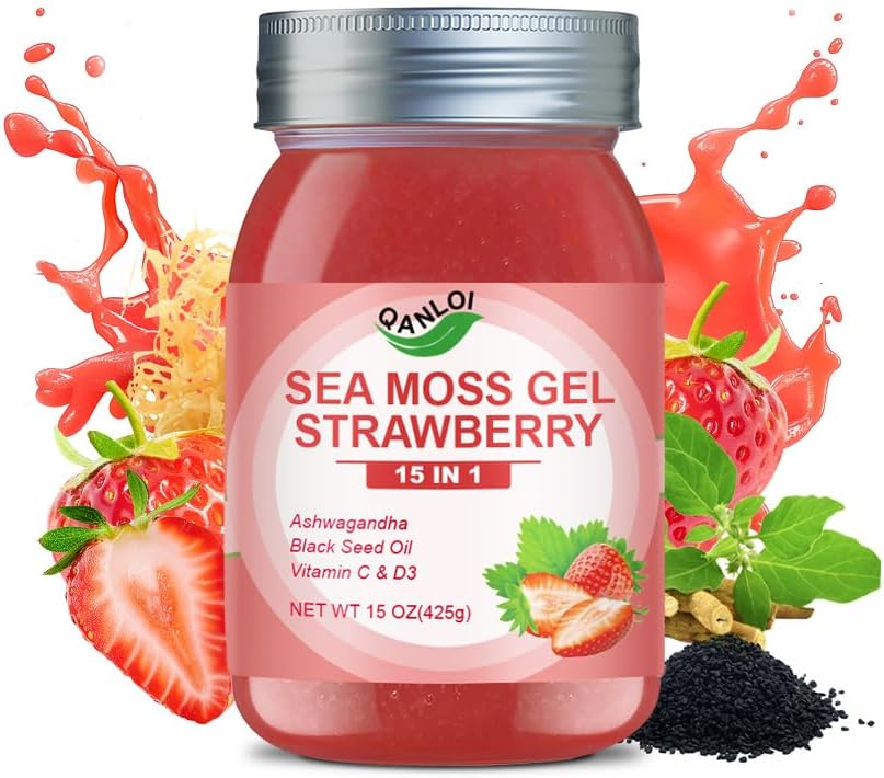 15OZ Strawberry Flavored Sea Moss Gel, 15-in-1 Ingredient, Rich in Ashwagandha, Vitamins and Minerals, Promotes Metabolism & Improves Digestion