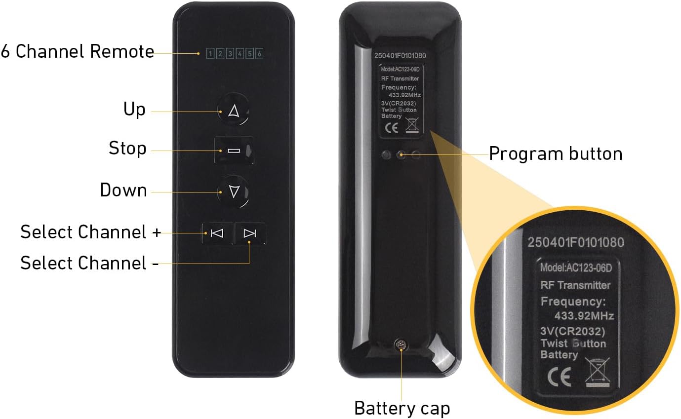 Rollerhouse AC123-06 RF433.92MHz Transmitter, 6 Channel Hand-Held Controller for Electric Blinds, Shades, Curtains, and Awnings - Black