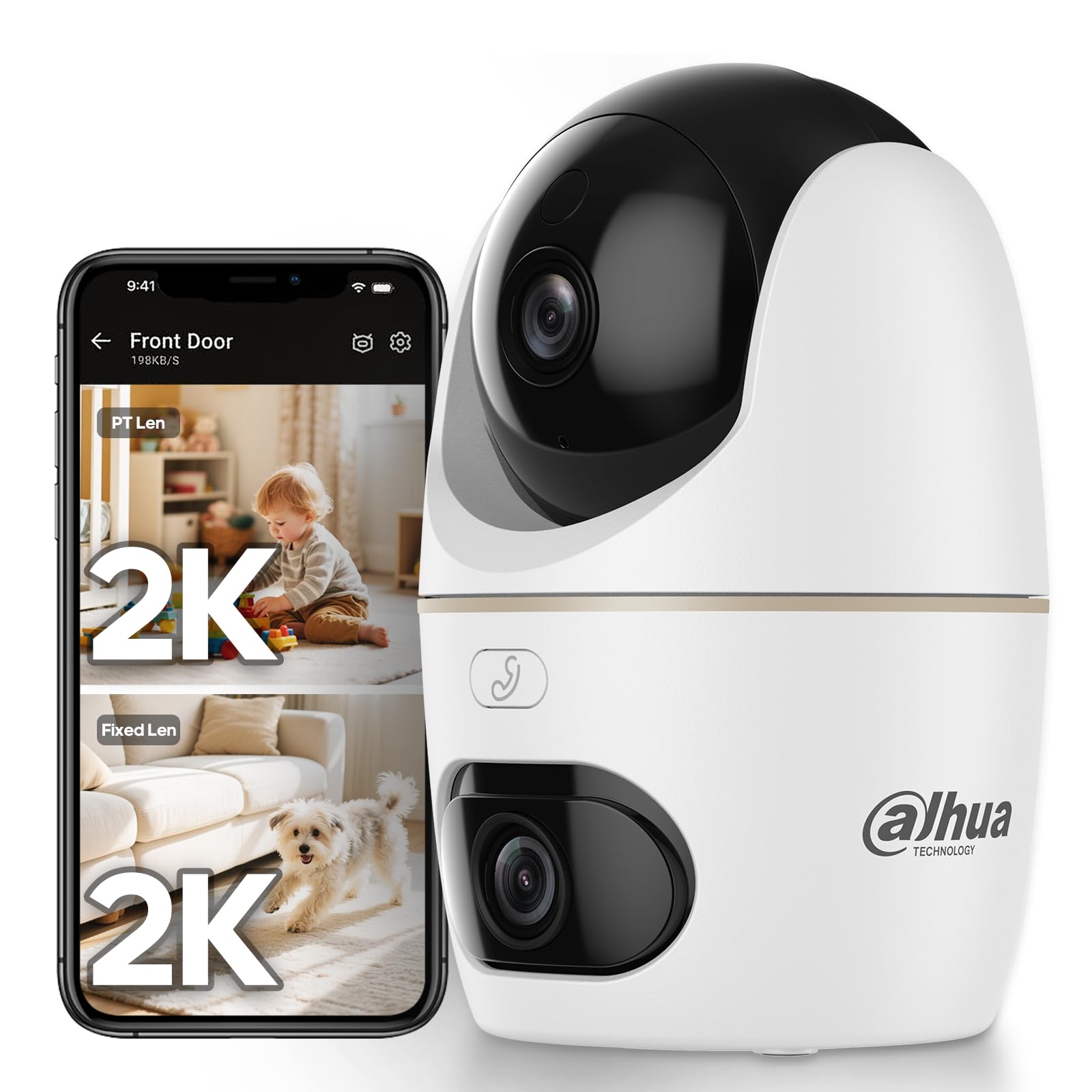 Dahua Dual-Lens Pan Tilt Innenkamera 3+3MP, 2.4/5GHz WLAN, KI Personen-/Tiererkennung, Farbnachtsicht, Automatische Verfolgung, 2-Wege-Audio + Sirene, Privat-Modus, H3D，Baby & Haustier