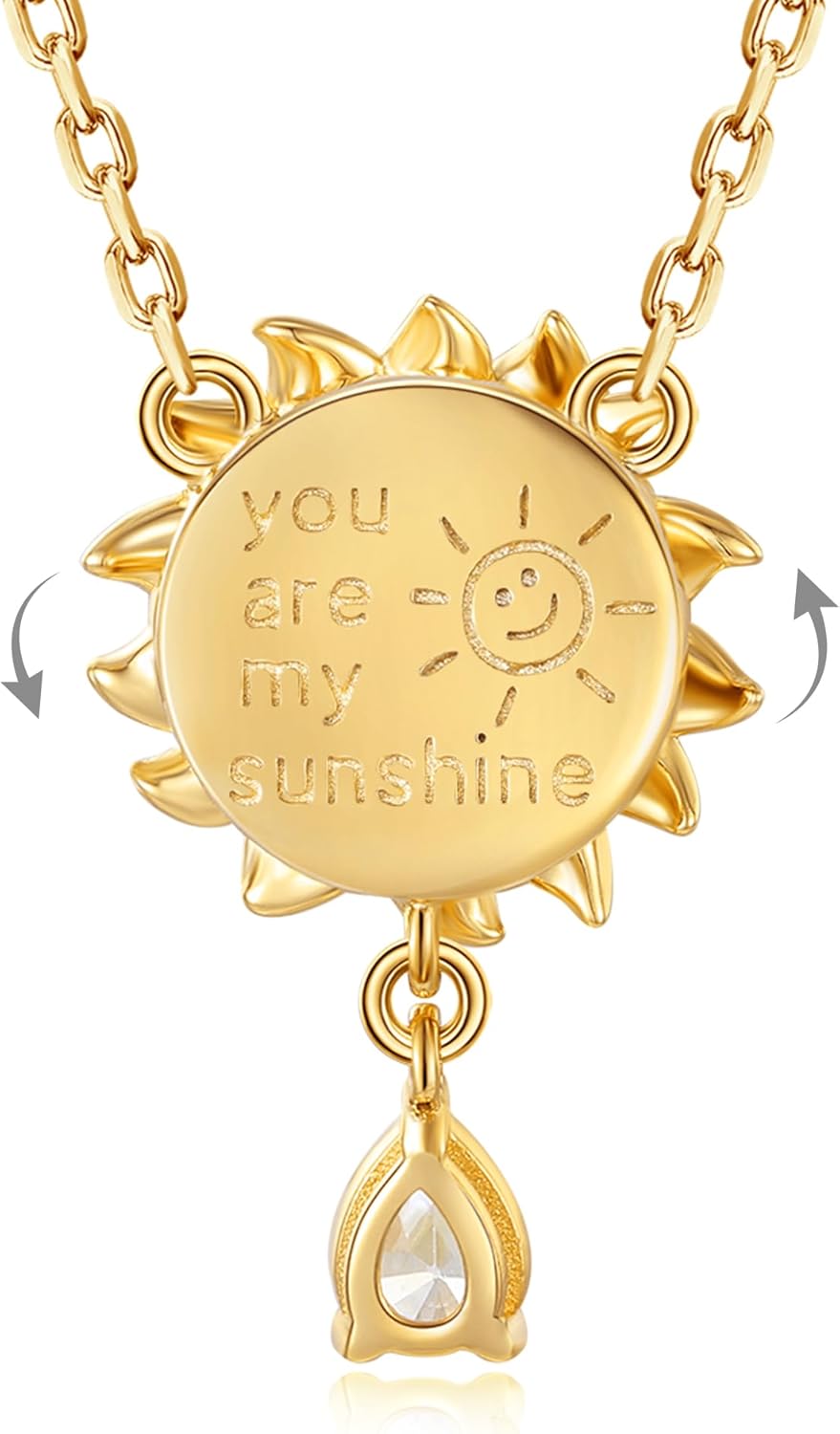 FANCIME Sunflower necklace Sterling Silver Yellow Gold Plated Spinning Anxiety Pendant for anti-stress, You Are My Sunshine Fidget Rotatable Jewelry Birthday Mothers Day Gifts for Women Wife Her