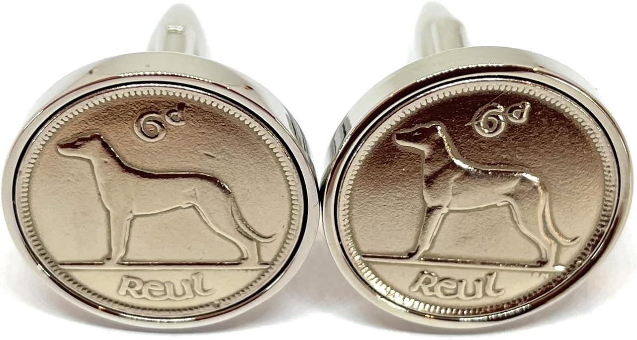 OCC Old Coin CufflinksIrish Wolfhound - Dog - Sport Irish Sixpence, Large, Silver Plated, Other Clasp Type