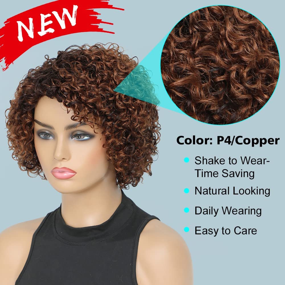 UDU Ombre Glueless Wig - Short Curly Human Hair Wigs For Black Women - Copper Brown - Non Lace - Side Bangs Piano Color Side Part (P 4/Copper)