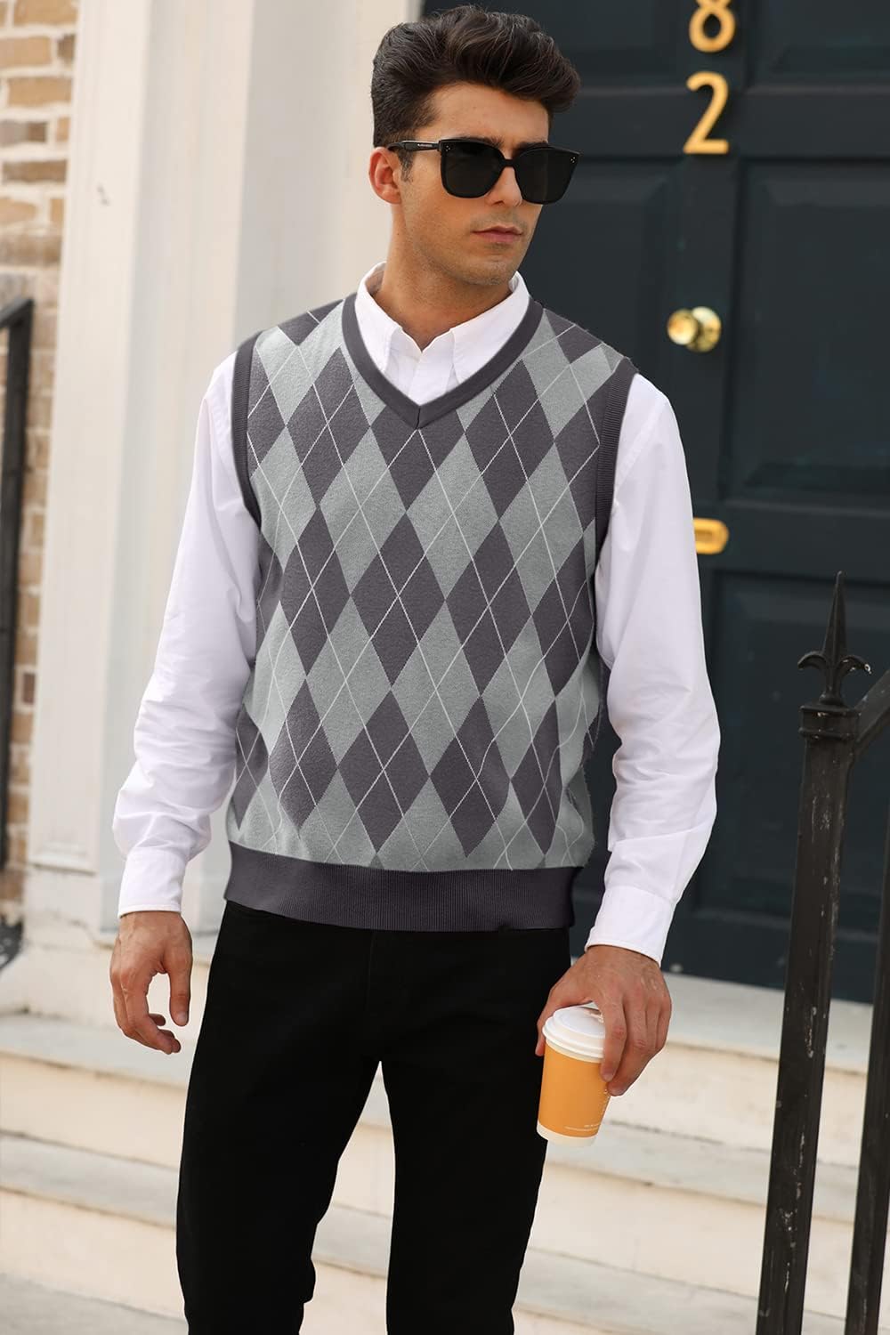 Mens Argyle Knitwear Vest V Neck Sleeveless Casual Slim Fit Pullover Knitted Sweater - Image 3