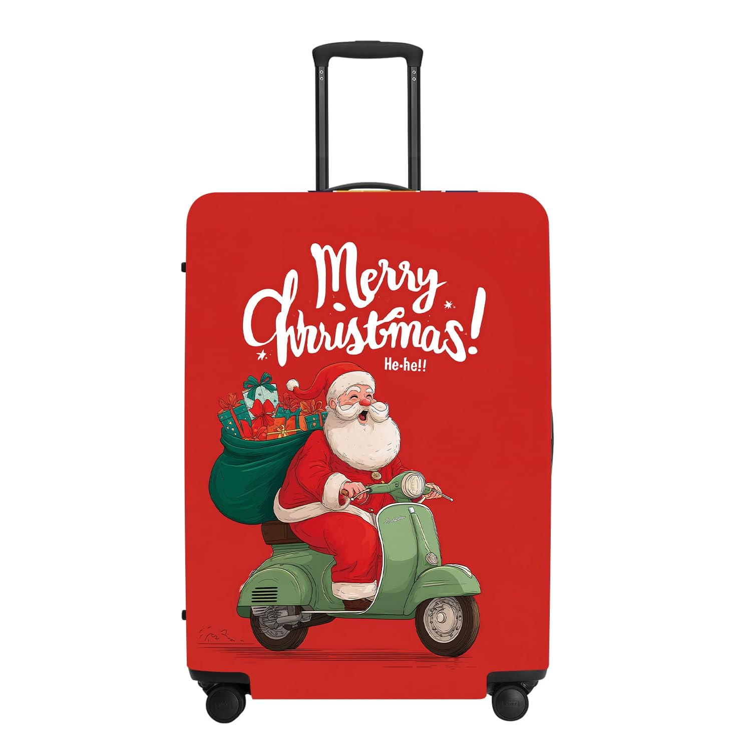 Santa on Scooter Luggage Cover - Green Scooter with Gifts, Whimsical Modern Holiday Design for 18 20 22 Inch Travel