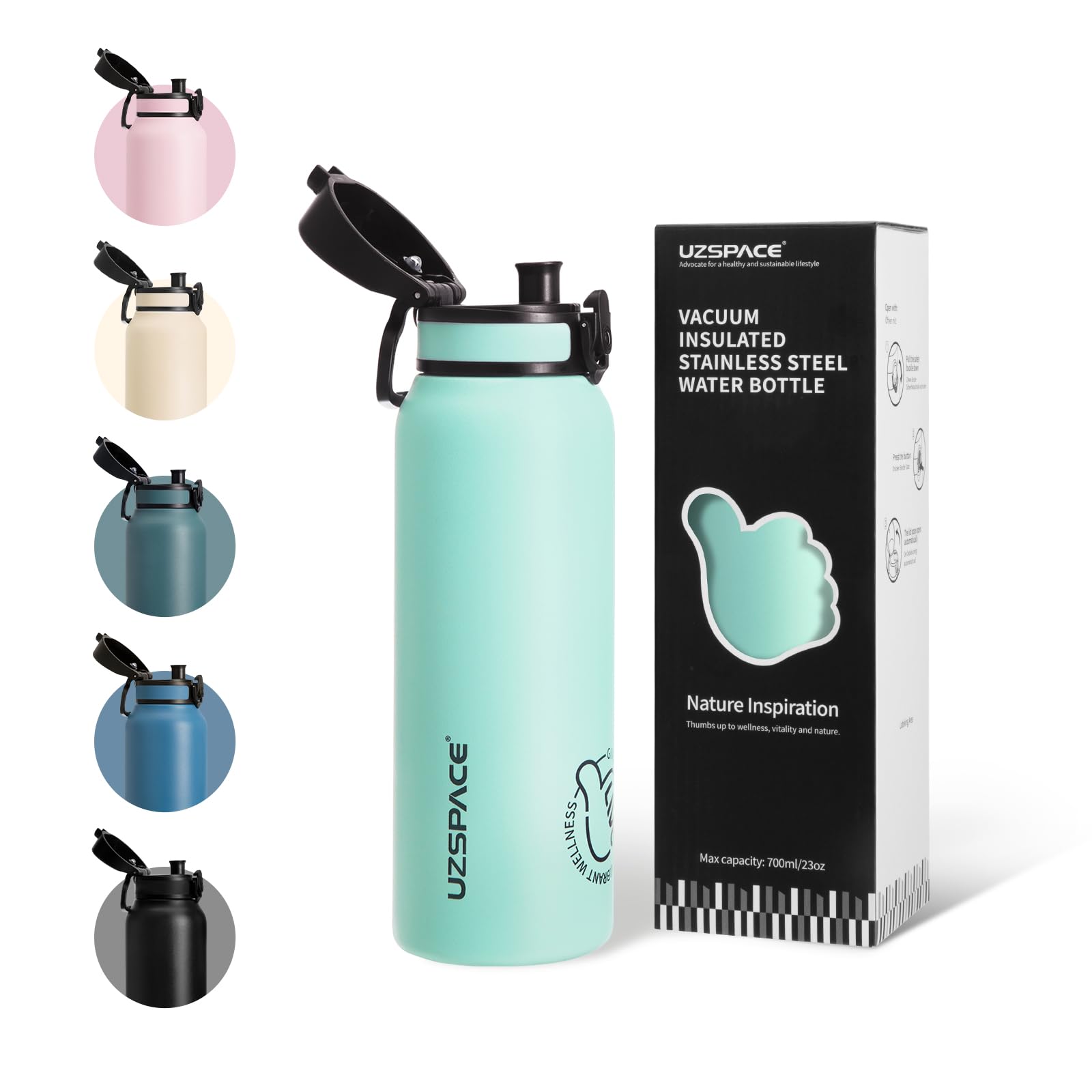 UZSPACE Borraccia termica per bambini, 700 ml, isolata in acciaio inox, con apertura a 1 clic, 100% a prova di perdite, per scuola, fitness, palestra, attività all'aperto, blu oceano