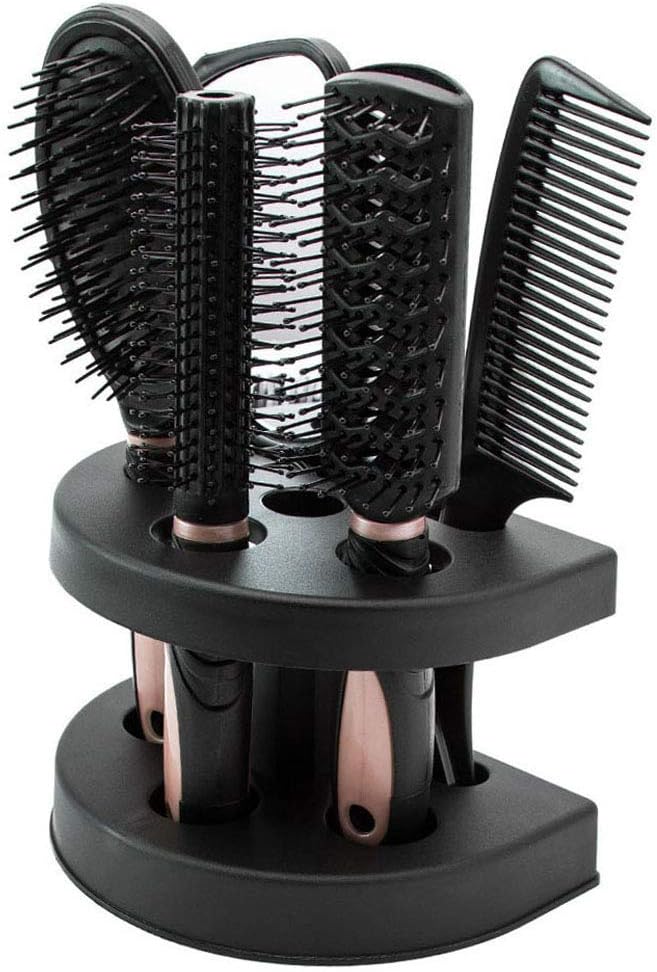 5Pcs Women Hair Brushes Comb Sets Ladies Salon Styler Hair Care Massage brush with Mirror and Holder Home Decor (Pink)