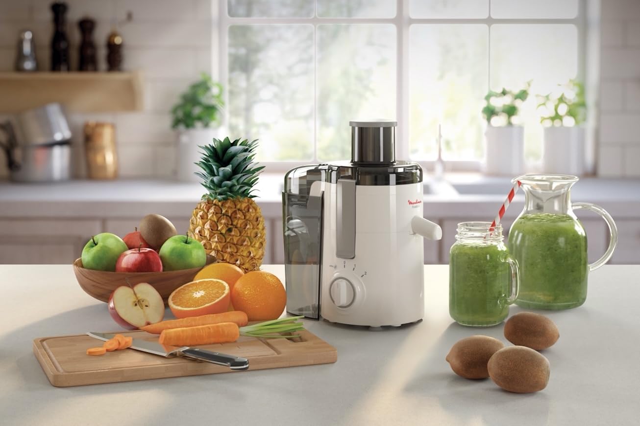 Moulinex JU3701 Frutelia + Centrífuga, amplia apertura, fácil de limpiar, 2 velocidades y modo pulso, 350 W, blanco
