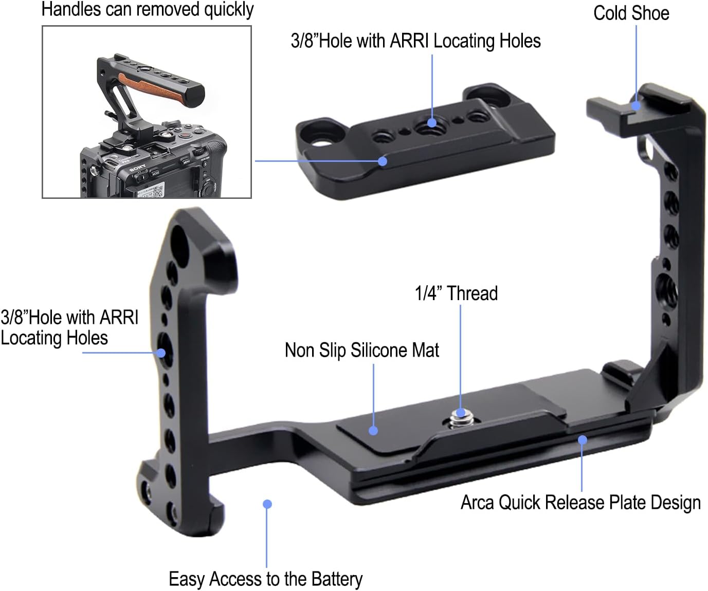 FX3/ FX30 Cage for Sony Camera with Removable NATO Rail -Cold Shoe-3/8 ARRI Locating Holes-1/4 Points Compatible with DJI RS2 RSC2 RS3 RS3pro Stabilizer -A001