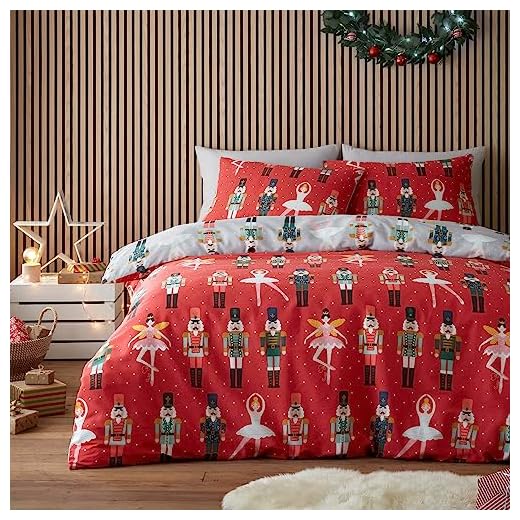 Fusion - Funda nórdica Cascanueces y Bailarina - 200 x 200 cm - Colores Reversibles - 2 Fundas de Almohada - Funda nórdica Soldado Cascanueces y Bailarina de Ballet - Ropa de Cama navideña