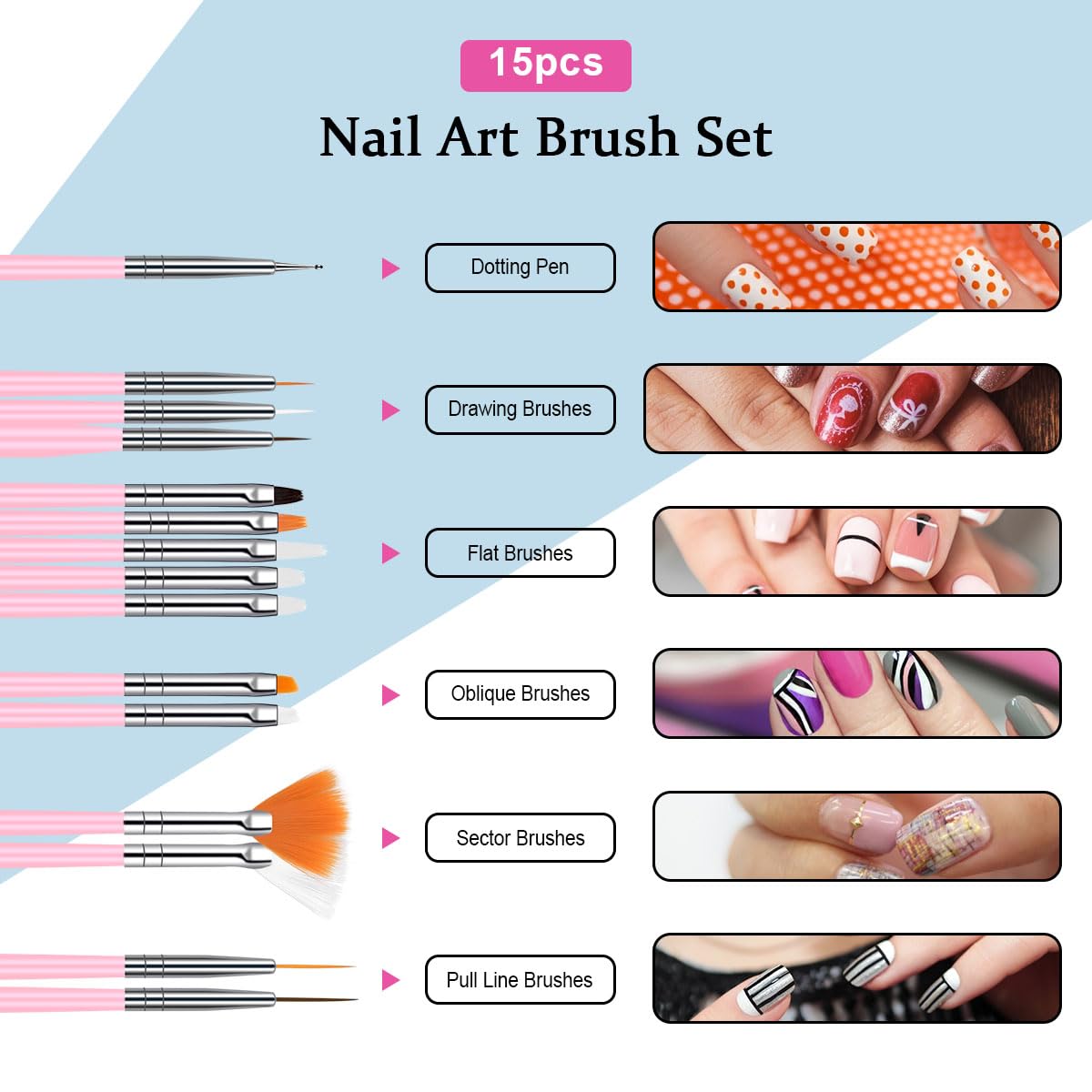 Juego de 20 pinceles de uñas, 15 Pinceles y 5 Punzones Incluidos, acrílicos para decoración de uñas, Pincel para Arte de Uñas Para Uñas DIY, Pinceles, Detalles, Mezcla etc, Rosa