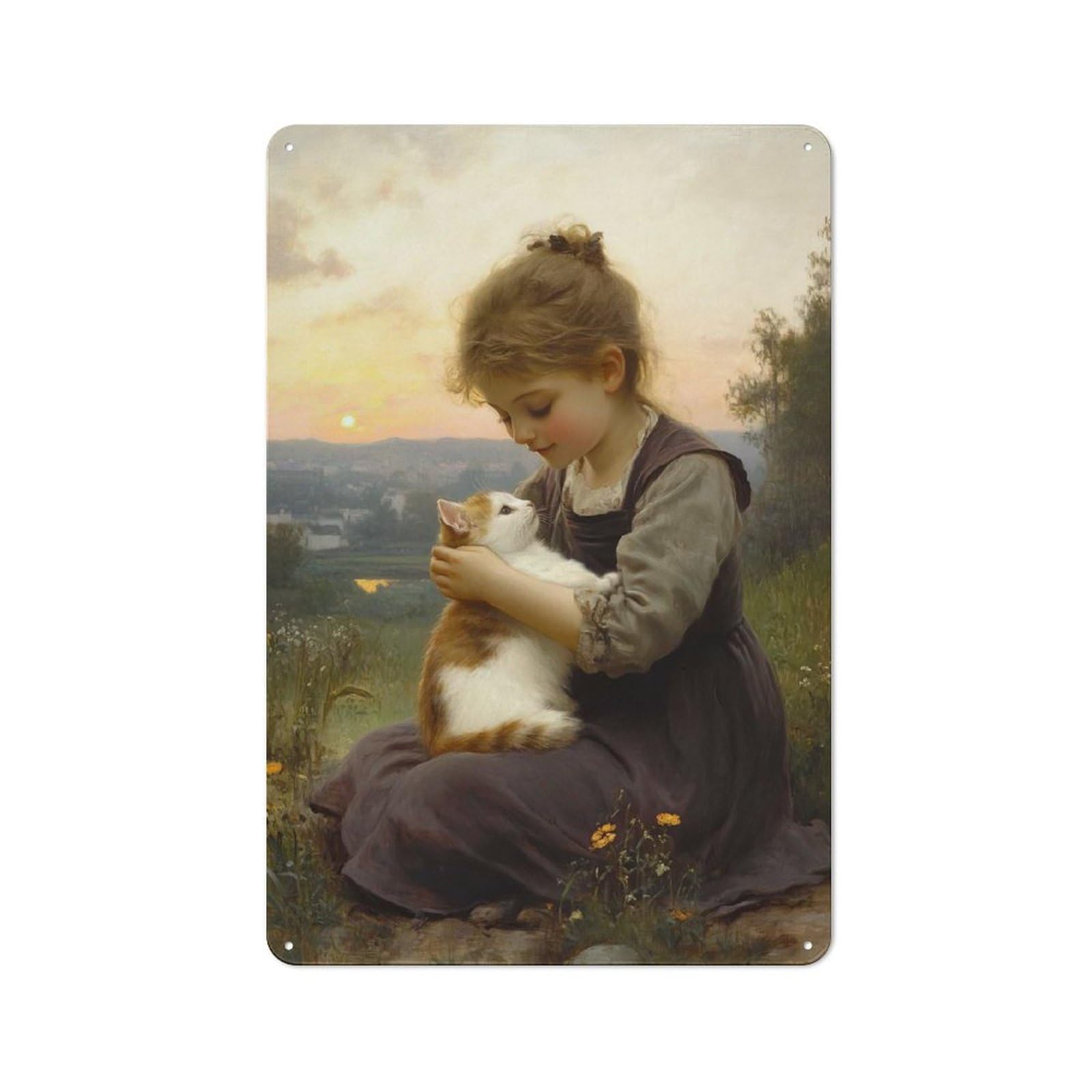 Junmoney Girls And Cat At Sunset Metal Wall Plaque 30X20cm, Everyday Small Space Decor For Flat, Dorm Room, Lounge Or Cafe