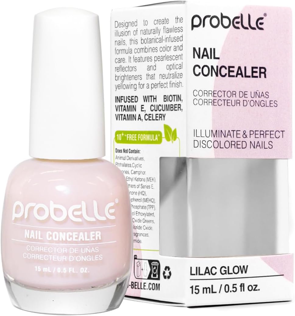 Probelle Illuminating Nail Concealer, Sheer Long Lasting Brightening Nail Polish for yellowing discolored nails, perfect finish for damaged nails with imperfections, Vegan, Gluten Free, Lilac Glow