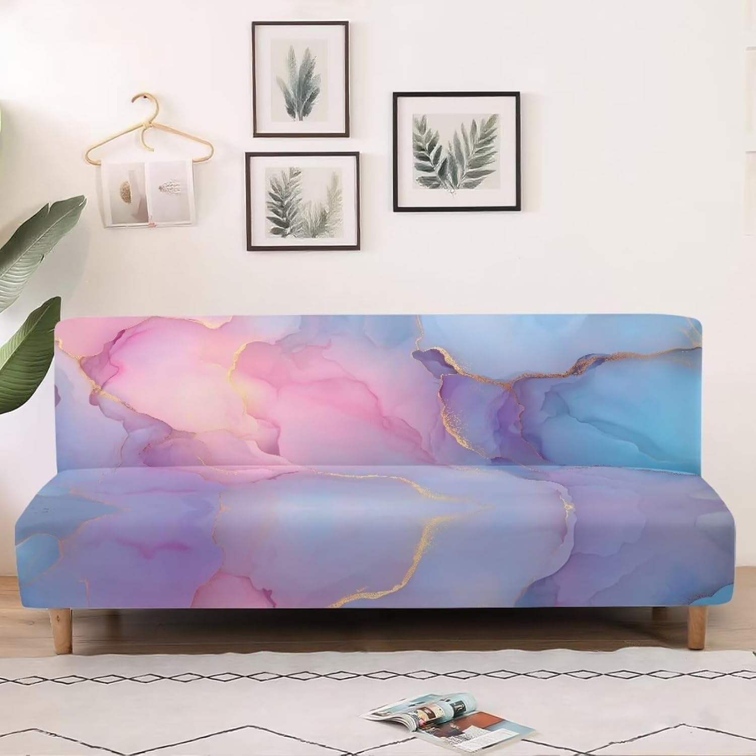 Futon Cover Washable Stretch Armless Sofa Cover Futon Slipcover Without Armrests Stain-Resistant Furniture Protector for Folding Sofa Bed Decor, Marble Blue Pink Violet Gold