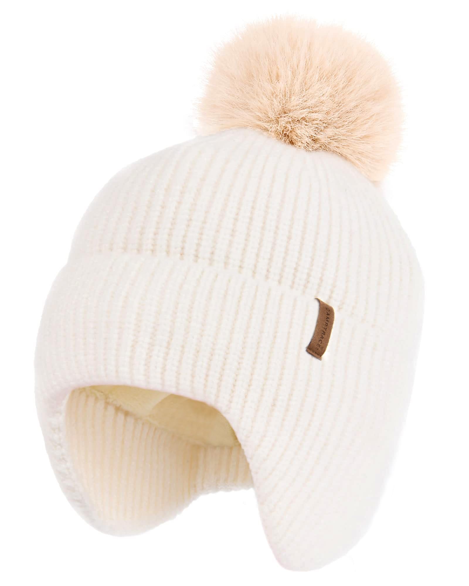 CamptraceToddler Baby Winter Hat Warm Fleece Lined Knit Kids Hat with Earflap Infant Newborn Pom Pom Beanie Knit Cap Girls BoysOEKO-TEX STANDARD 100