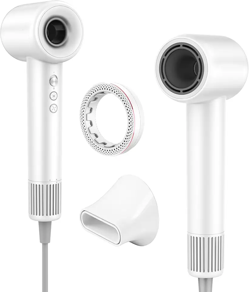 Secador de Cabelo Alta Velocidade de 1500W, Secador de Cabelo de 3 Velocidades de 3 Temperaturas com motor sem escovas de 110.000 RPM com Bico e Anel de essências, 127V (Branco)