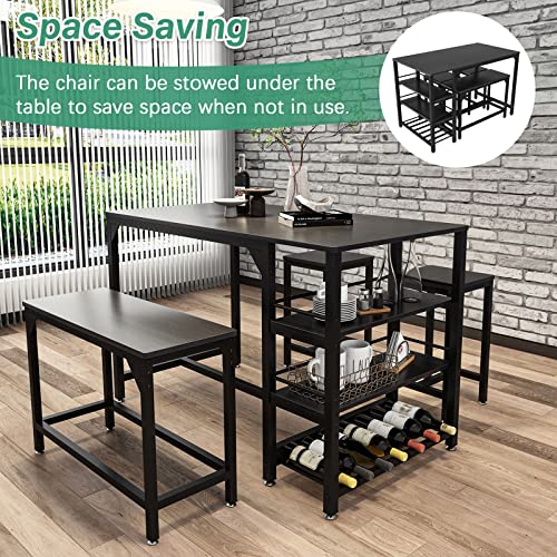 Rxicdeo Dining Table Set For 4, Kitchen Table Set With 1 Bench And 2 Chairs, Dining Room Table With Wine Rack And Storage Shelf, Breakfast Table Space-Saving Dinette For Kitchen, Dining Room (Black) #TOP1
