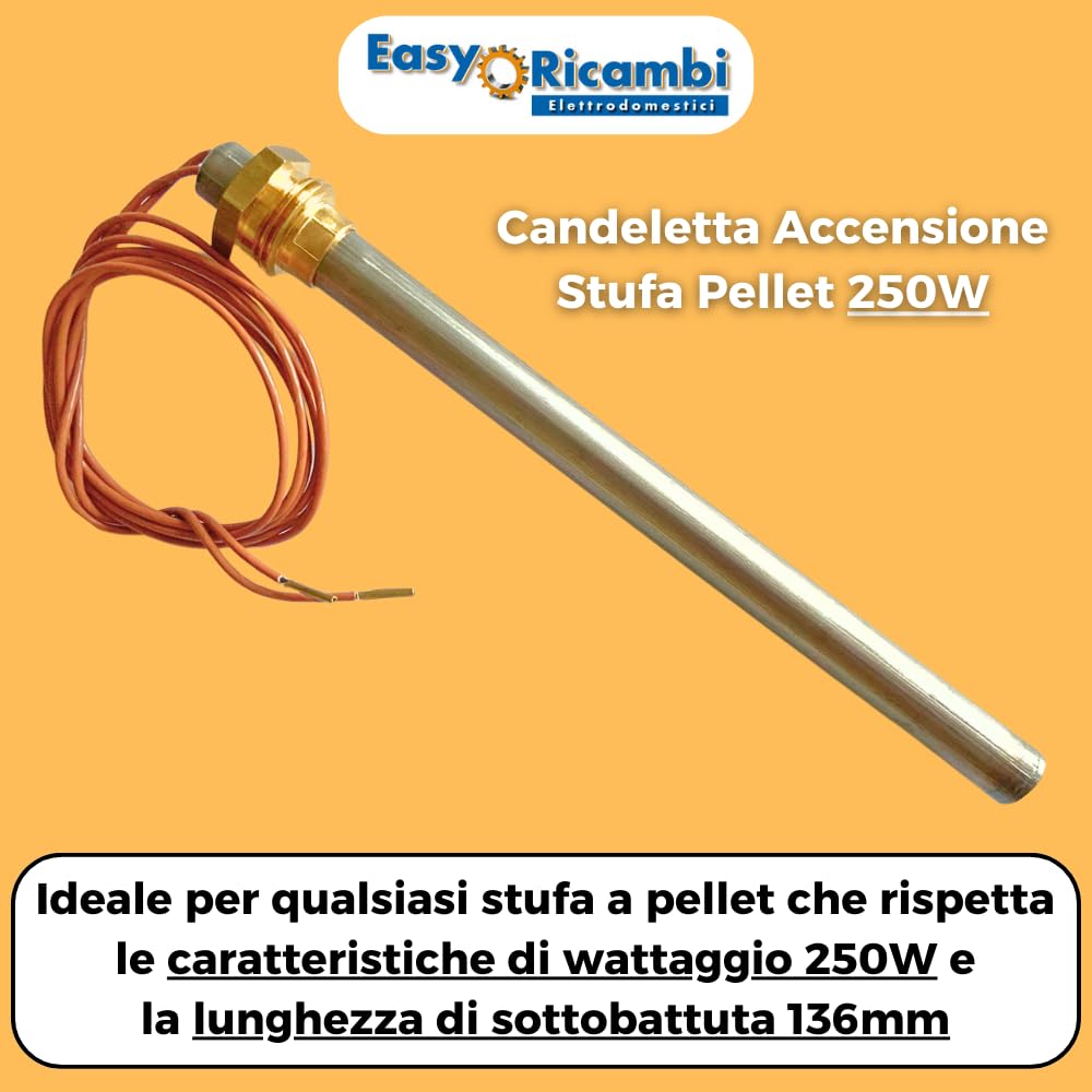 Easyricambi - Świeca zapłonowa do pieca na pellet 250 W, średnica 9,9 mm i długość 136 mm (długość całkowita 146 mm), gwint gazowy 3/8", opór do szybkiego nagrzewania, zamiennik do modeli Ecoteck