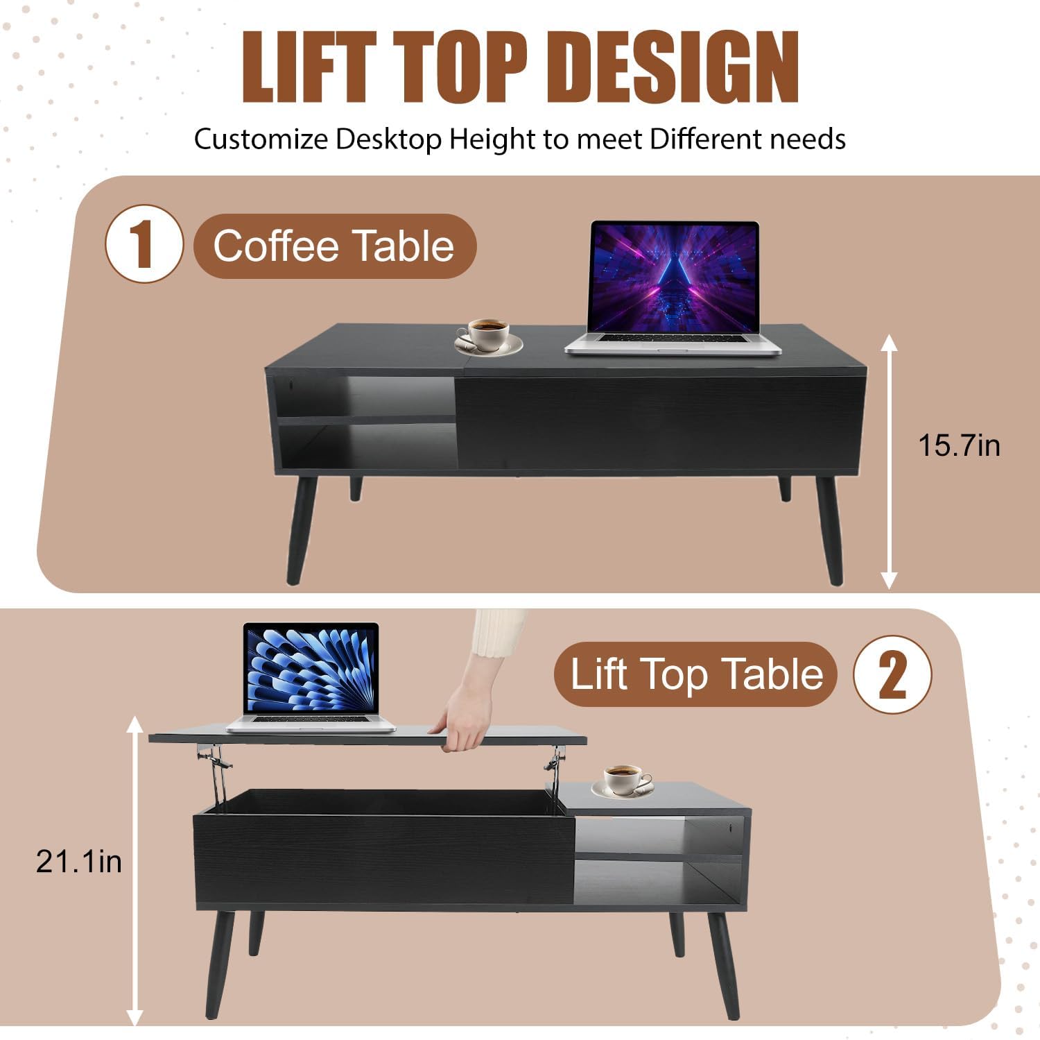 NChanmar Coffee Table for Living Room, Lift Top Coffee Table with Adjustable Storage and Hidden Compartment, Wood Center Table, Living Room Furniture for Home, Office-Black