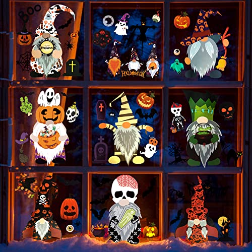 9 Sheets Halloween Window Clings, TOROKOM 81 PCS Double-side Removable Halloween Window Stickers Gnome Spider Pumpkin Broom Bat Glass Decals Decoration for Halloween Party Decor