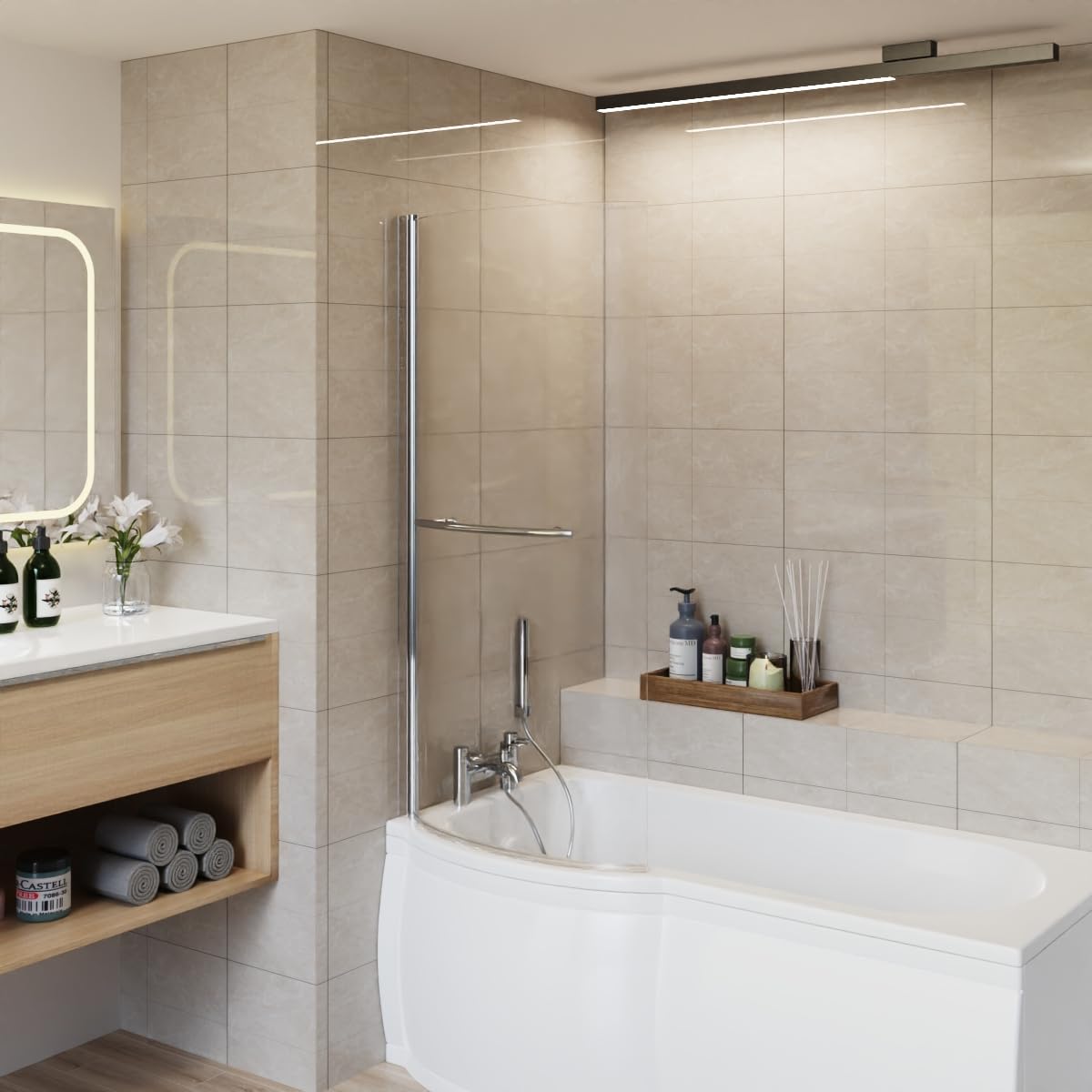 Aquariss Chrome 1400X715mm 6Mm Curved Toughened Safety Glass Pivot Bath Screen Panel For P-Shaped Bath With Towel Rail Aluminium Profile