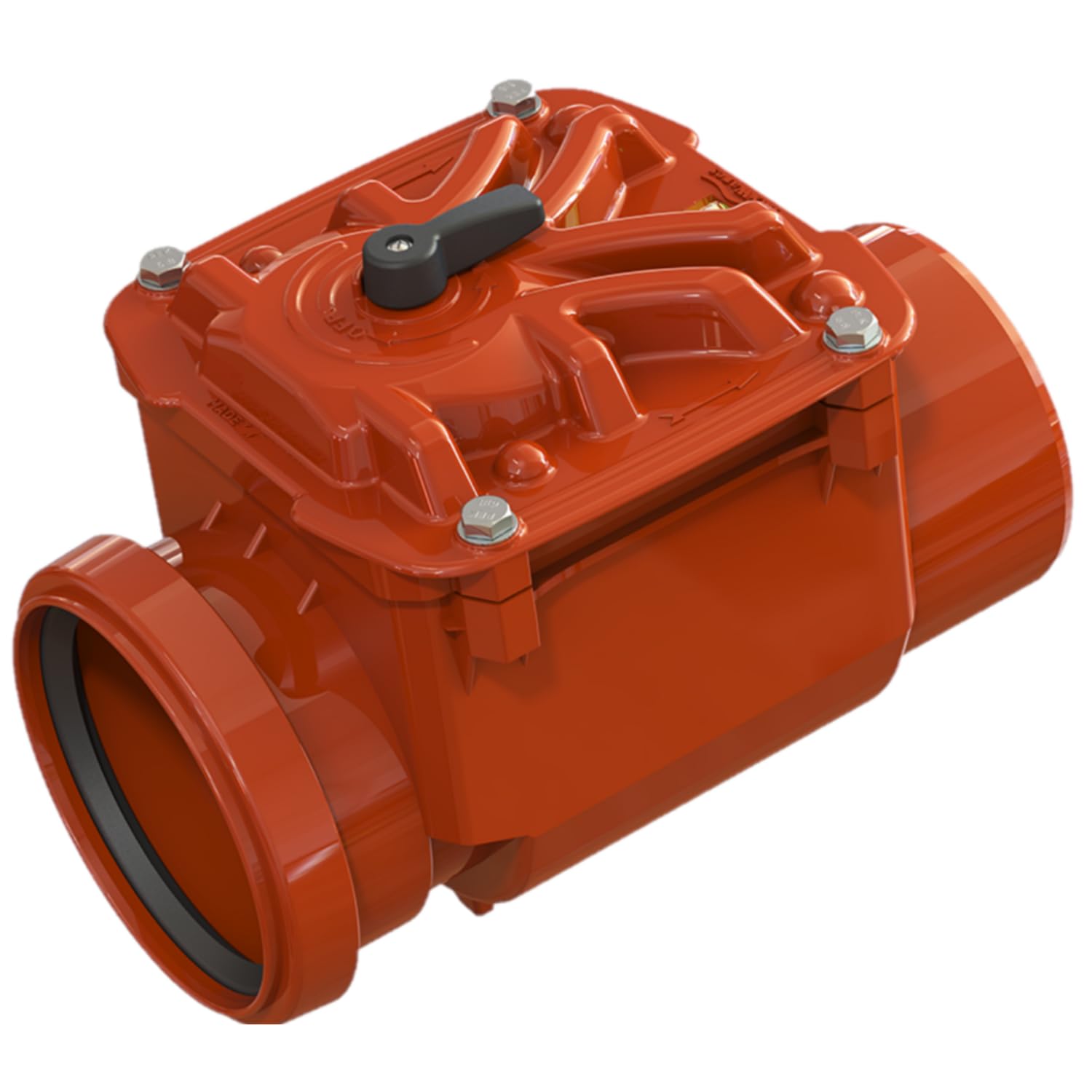 Backflow closure diameter DN125 with water scale and lockable backflow flap made of stainless steel, backflow protection, backflow lock, HT KG pipes, sewage pipe system.