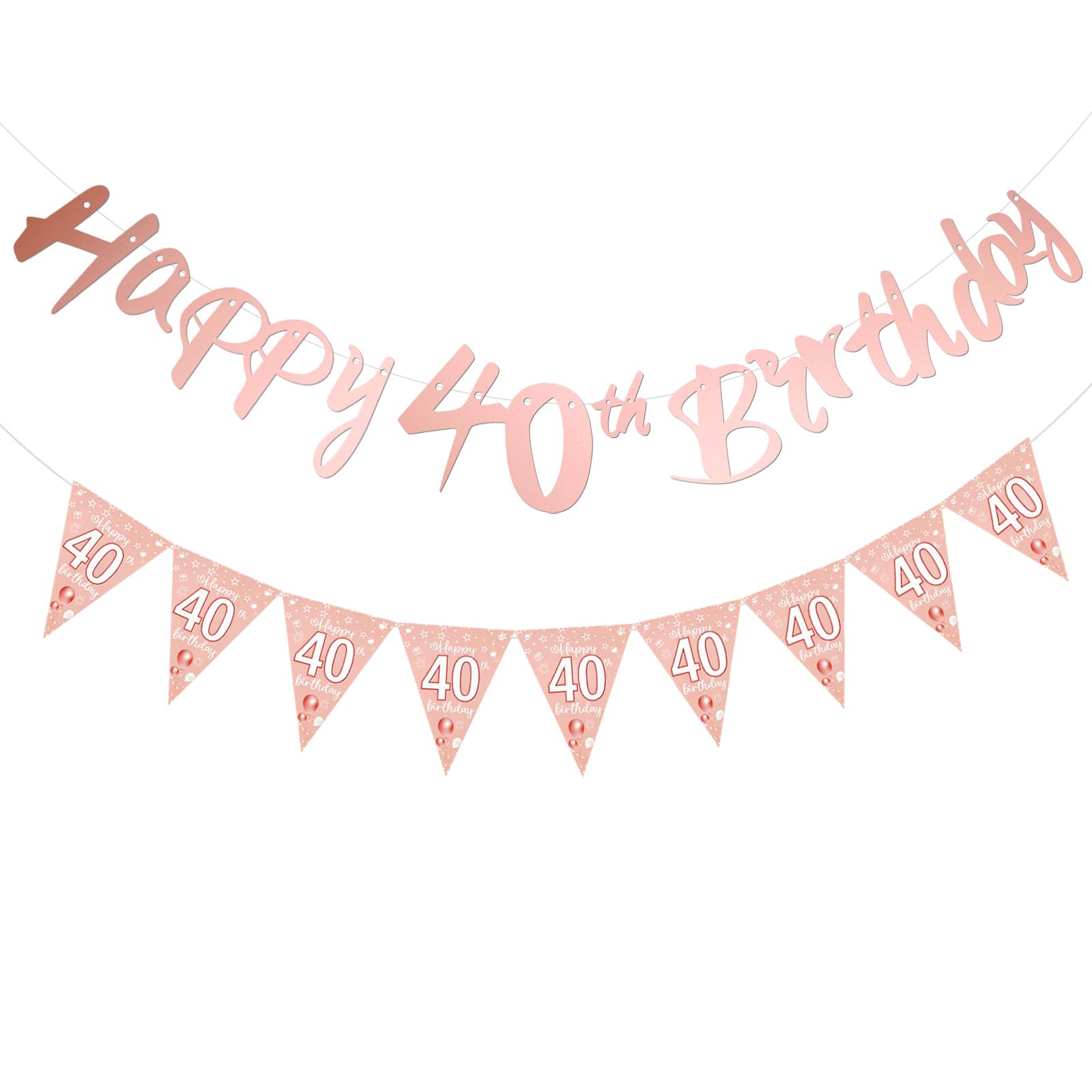 40th Birthday Decoration Banners, Rose Gold Happy 40th Birthday Party Decorations for Girls Boys, Triangle Flag Bunting Backdrop Parties Decs for Men Women Birthdays Party Milestone Celebrations