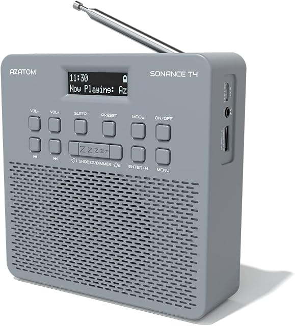 AZATOM T4 DAB/DAB+ Digital FM Radio with Bluetooth, Rechargeable Battery and Mains Power Radio with USB Mobile Charging (Grey)