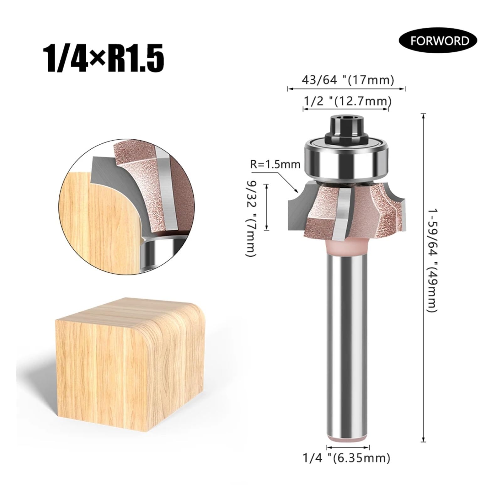 1/2/3 Stück 1/4 Zoll Schaft 4 Flöten Router Bit Set Vorwärts- und Rückwärtsfräser for die Holzbearbeitung R1 R1.5 R2 Trimmmesserkante(6.35XR1.5)