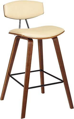 Armen Living Fox - Taburete de bar moderno de mediados de siglo de piel sintética color crema y madera de nogal de 25.5 pulgadas Piel sintética