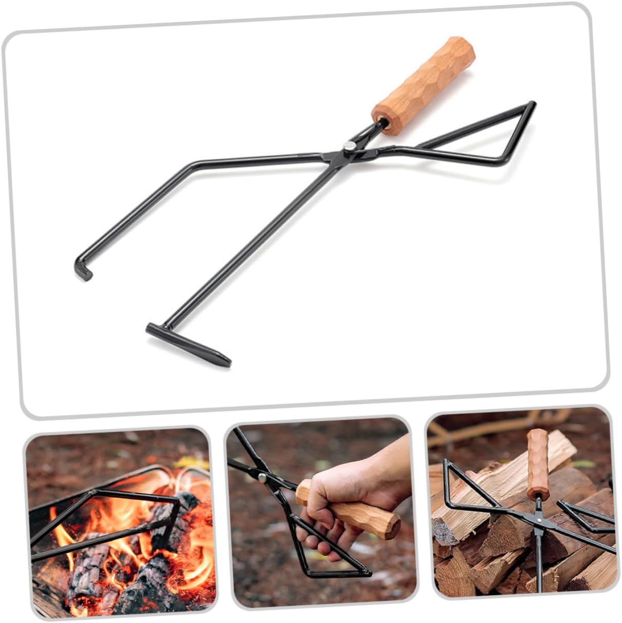 Heavy-duty Metal Charcoal Clamp with Beech Wood Handle Fireplace Tongs for Outdoor Fire Pit Tools Versatile and Wood Grabber for Camping Bbq Picnic and Firewood Handling