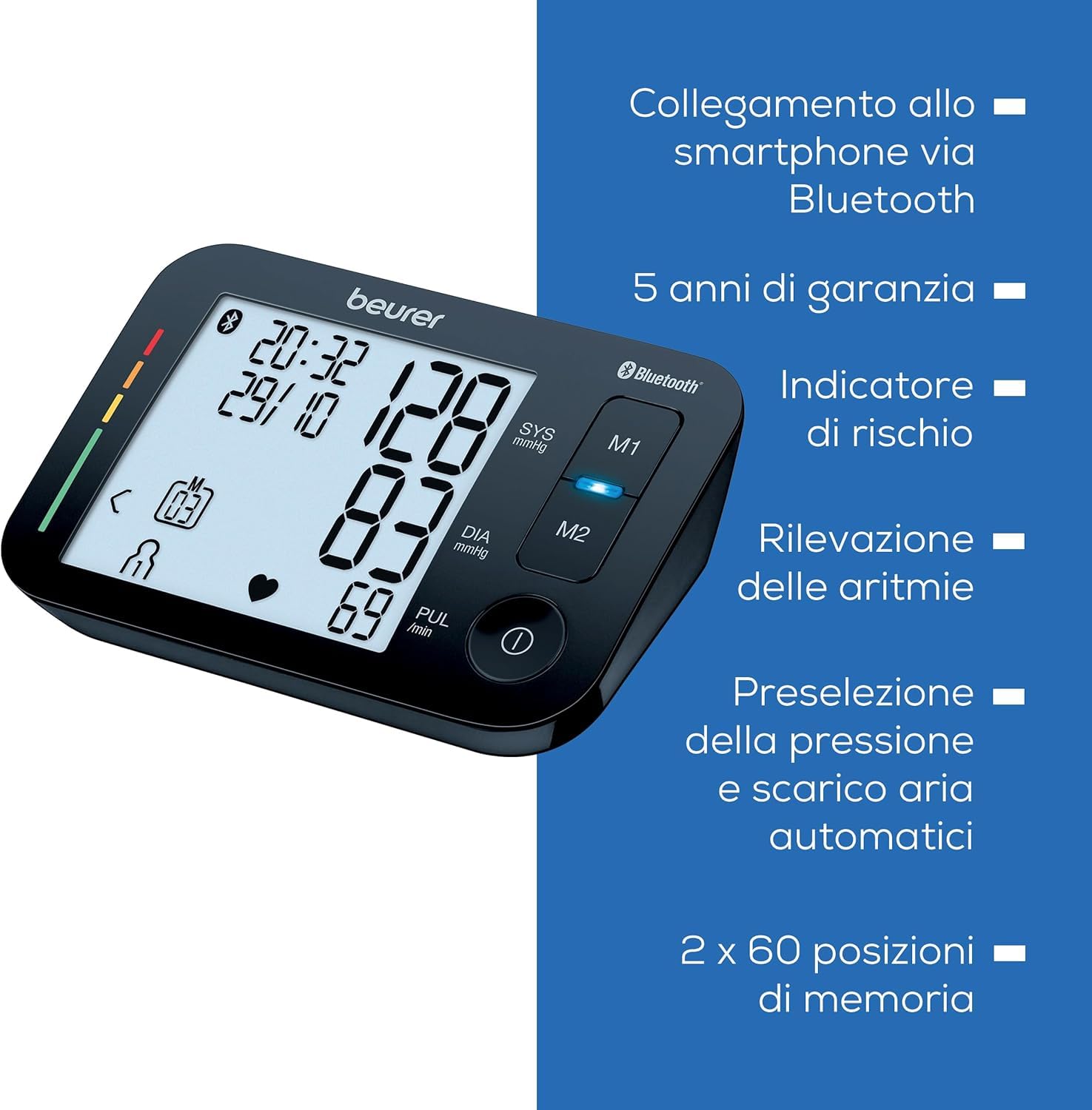 Beurer BM 54 Misuratore Di Pressione Da Braccio, Connessione Bluetooth E Display XL, per circonferenze braccio fino a 44 cm, 2 x 60 posizioni di memoria, Rilevazione aritmia e indicatore di rischio